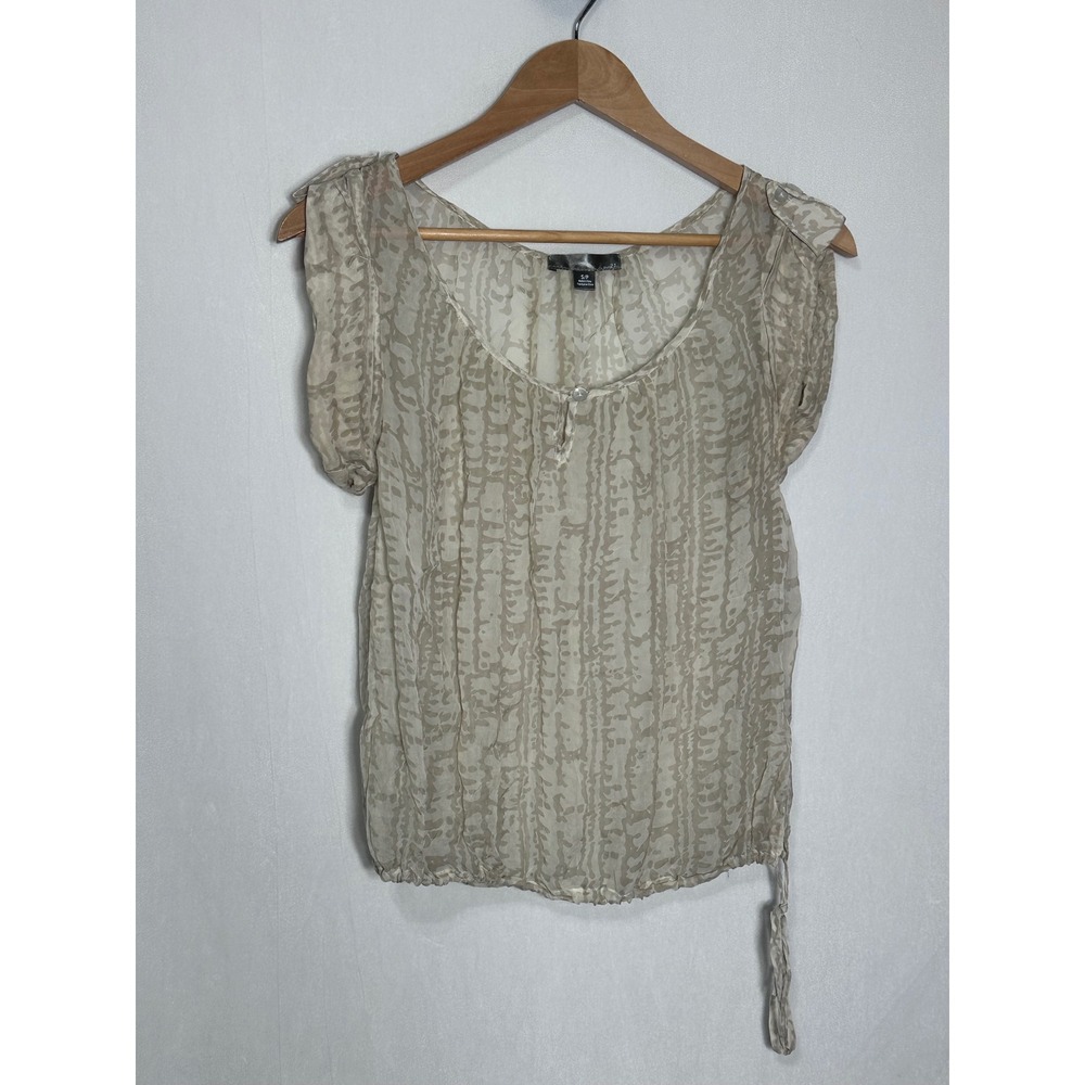 Love 21 Beige Abstract Print Cap Sleeve Blouse Scoop Neck Elastic Hem - Small
